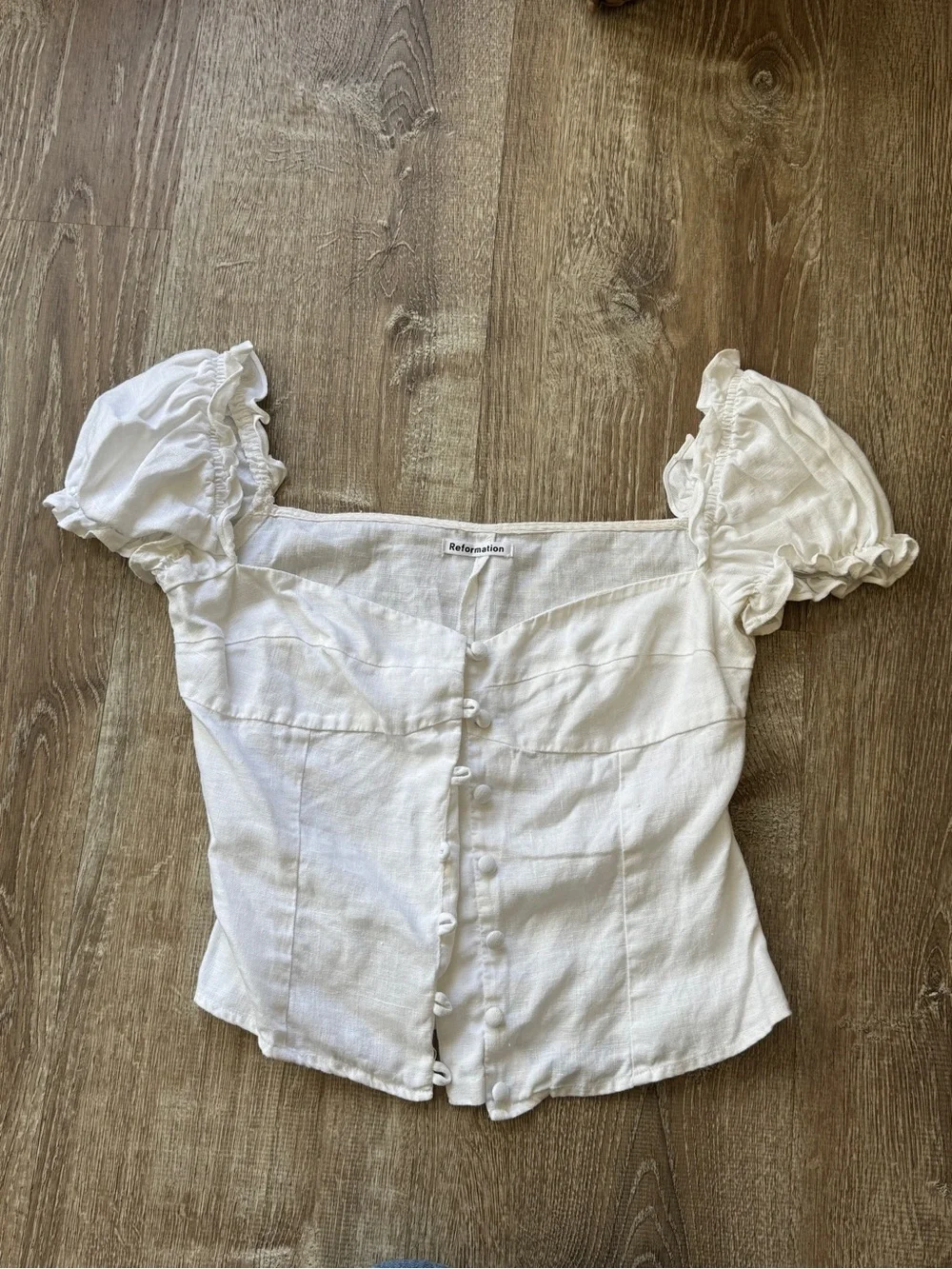 Reformation linen Cream Puff-Sleeve Button Front Blouse